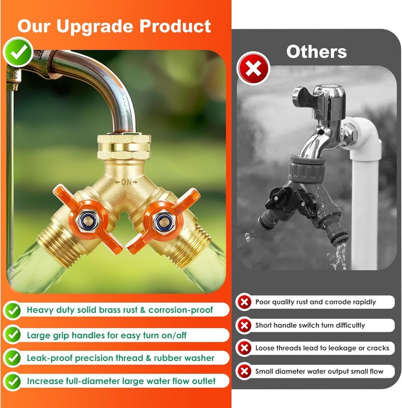 Qvamodo Full Flow Hose Splitter, Hose Splitters 2 Way Heavy Duty Brass Faucet Splitter with Shutoff, All Metal Hose Y Spigot Splitter 2 Way, Outdoor Faucet Water Hose Splitter, Y Valve Tap for Outdoor Faucet - Image 3